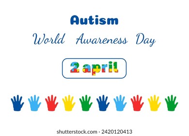 Weltautismus-Bewusstseinstag Vektorbanner. Template Card Themes Autismus Farbige Kinder Hände. Puzzle, Handflächen, Inschrift, Text. Element für Banner, Plakate, Druckerzeugnisse, Karten, Flyer.