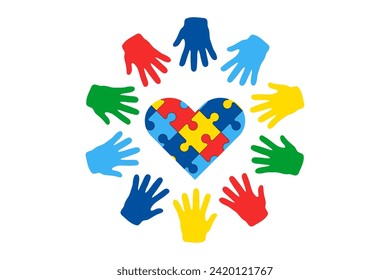 Vector del Día Mundial de Conciencia sobre el Autismo. Rompe el corazón y los niños coloreaban las manos alrededor, las manos imprimen palmas. Elemento de diseño para tarjeta, borde, pancartas, carteles, productos impresos, tarjetas, volantes, patrones, ensenada