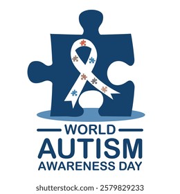 World autism awareness day vector illustration of a blue puzzle piece with a ribbon.