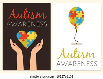 World Autism awareness posters set with multi colored puzzle pieces on dark and white background, flat vector illustration. Autism awareness day banners.