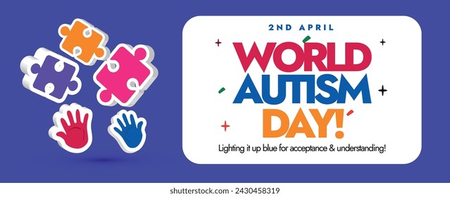 World Autism Day 2024. 2nd April World Autism day celebration banner with colourful text, puzzle pieces and hand prints on light purple colour background. Accepting and embracing people with autism. 