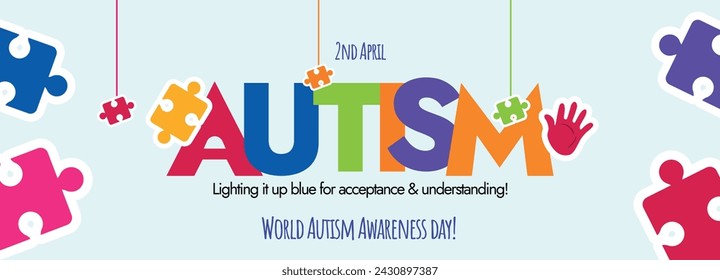 World Autism Day 2024. 2nd April World Autism Day celebration cover banner with colourful text and puzzle pieces . Autism awareness cover banner, social media post with colour puzzle hanging pieces. 