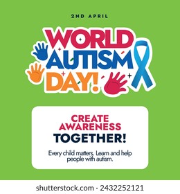 World Autism Day 2024. 2nd April World Autism Day celebration banner with light green background, colourful text, hand prints, blue ribbon. Autism awareness month banner, conceptual, social media post