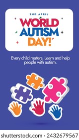 World Autism Day 2024. 2nd April World Autism day celebration banner, social media post with colourful text, puzzle pieces, hand prints on purple background. Autism day awareness social media post.