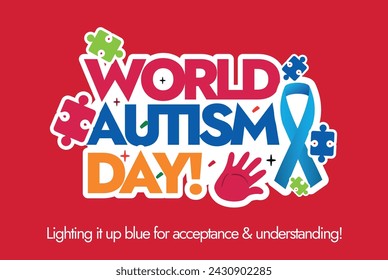 World Autism Day. 2nd April World Autism day celebration banner with colour full text and puzzle pieces and blue ribbon. Autism day awareness banner in dark red background.