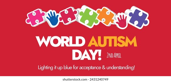 World Autism Day. 2nd April World Autism day celebration cover banner with colourful puzzle pieces and hand prints. Autism day awareness banner in dark red background. Accepting autistic people.