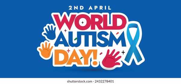 World Autism Day. 2nd April World Autism day celebration banner with colour full text and puzzle pieces and blue ribbon. Autism day awareness banner in dark blue background. Accepting autistic people.