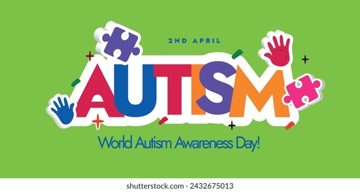 In: World Autism Day. 2. April World Autism Day Feier Cover Banner mit bunten Text, Puzzle-Stücke und Handabdrücke. Banner zur Aufklärung über Autismus im hellgrünen Hintergrund. 