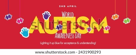 World Autism Day. 2nd April World Autism day celebration cover banner with colourful hanging puzzle pieces and hand prints on dark red background. Autism day awareness event invitation banner, post. 