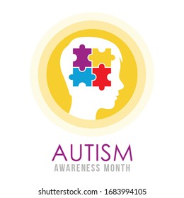 World autism day, april 2. Autism concept  illustration with child head and puzzle pieces. Vector flat illustration on white background.
