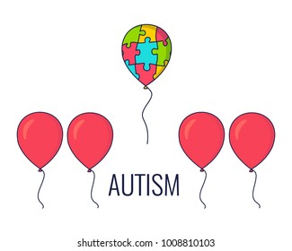 World Autism Day awareness poster with a colorful balloon made of puzzle pieces flying away from the row of red balloons. Standing out of the crowd. Vector illustration.