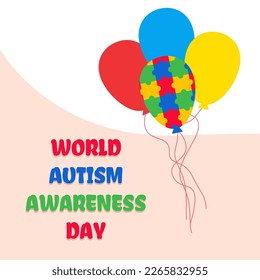 World Autism Day awareness poster with a colorful balloon made of puzzle pieces flying away from the row of red balloons. Standing out of the crowd. Vector illustration.