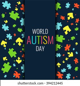 World Autism Day. Autism awareness poster with multicolored puzzle pieces on dark background. Autism solidarity day. Symbol of Autism. Vector illustration.