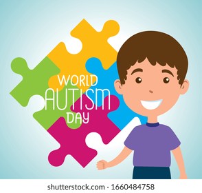 world autism day and boy with puzzle pieces vector illustration design