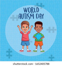 world autism day boys with puzzle pieces vector illustration design