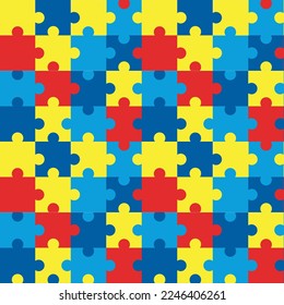 World Autism Day. Bright puzzle pattern. Disability awareness. Asperger brain. Children education and health. Riddle pieces connection. Mosaic toy assemble. Vector seamless tidy concept