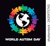 World Autism Day. Colorful puzzle pieces round frame around of earth. Vector isolated on black background.