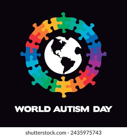 World Autism Day. Colorful puzzle pieces round frame around of earth. Vector isolated on black background.