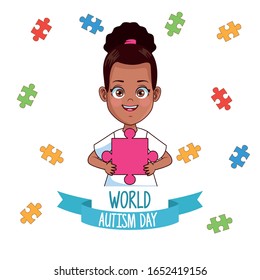 world autism day girl with puzzle pieces vector illustration design