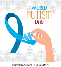 world autism day with hand and ribbon vector illustration design