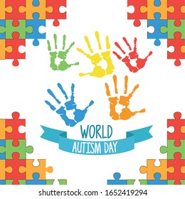 world autism day with hands painted and puzzle pieces vector illustration design