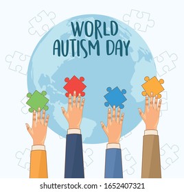 world autism day with hands playing puzzle vector illustration design