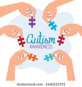 world autism day with hands and puzzle pieces vector illustration design