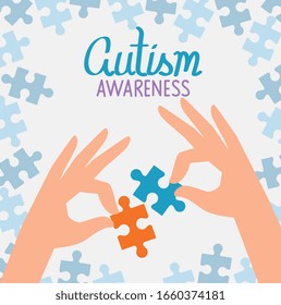 world autism day with hands and puzzle pieces vector illustration design