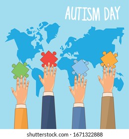 world autism day with hands and puzzle game pieces vector illustration design