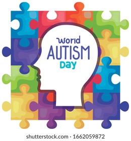 world autism day with head silhouette in puzzle pieces background vector illustration design