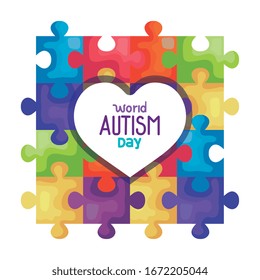 world autism day with heart and puzzle pieces vector illustration design