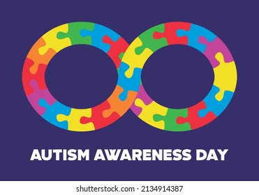 World Autism Day. Infinity symbol puzzle pieces colorful vector. Isolated on purple background.