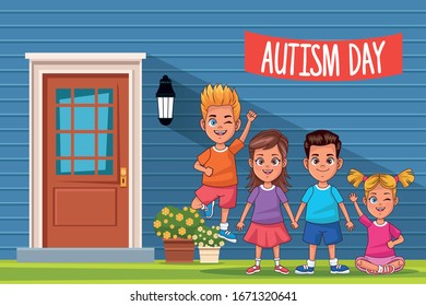 world autism day with kids in door vector illustration design