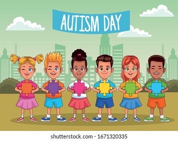 world autism day with kids in the field vector illustration design