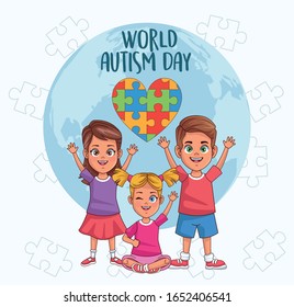 world autism day kids with world planet and heart puzzle vector illustration design