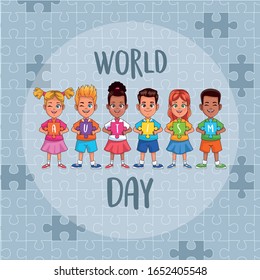 world autism day kids with puzzle pieces vector illustration design