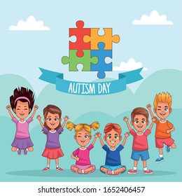 world autism day kids with puzzle pieces vector illustration design