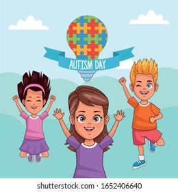 world autism day kids with puzzle bulb vector illustration design