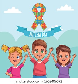 world autism day kids with ribbon puzzle vector illustration design