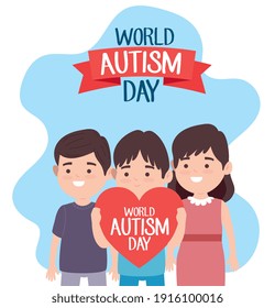 world autism day lettering with little kids lifting heart characters vector illustration design