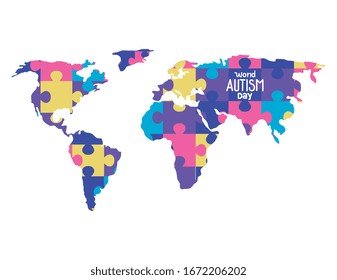 world autism day with map of puzzle pieces vector illustration design