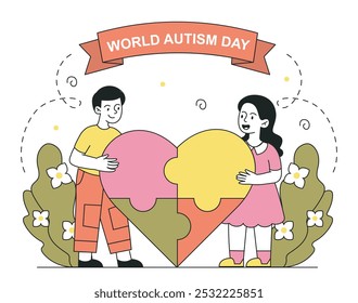 Cartaz do Dia Mundial do Autismo. Menino e menina com coração de quebra-cabeças coloridos. Dia Internacional da Consciência 2 de abril. Assistência médica mental. Ilustração de vetor linear isolada no plano de fundo branco