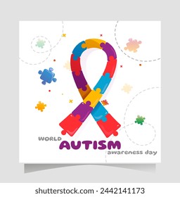 World autism day poster. Medical banner with ribbon made from puzzle pieces. Traditional symbol of autism awareness. Mental health. Cartoon flat vector illustration isolated on white background