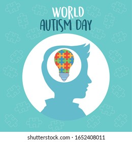 world autism day with profile and bulb puzzle vector illustration design