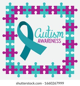 world autism day with ribbon and frame of puzzle pieces vector illustration design