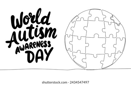 World Autism Day text banner with puzzles as planet. Hand drawn vector art.
