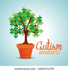 world autism day with tree in pot plant vector illustration design