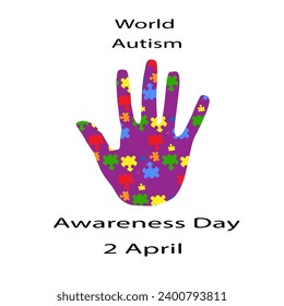 World Autism Day vector banner in the form of a silhouette of a palm filled with colorful puzzles. World Autism Day is celebrated on April 2.