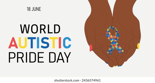 World Autistic Pride Day. Hands holding awereness Ribbon for supporting people. 