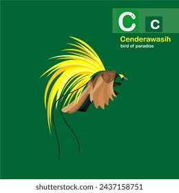 The world of Aves, bird of paradise, Cenderawasih illustration for learning book letter C. 